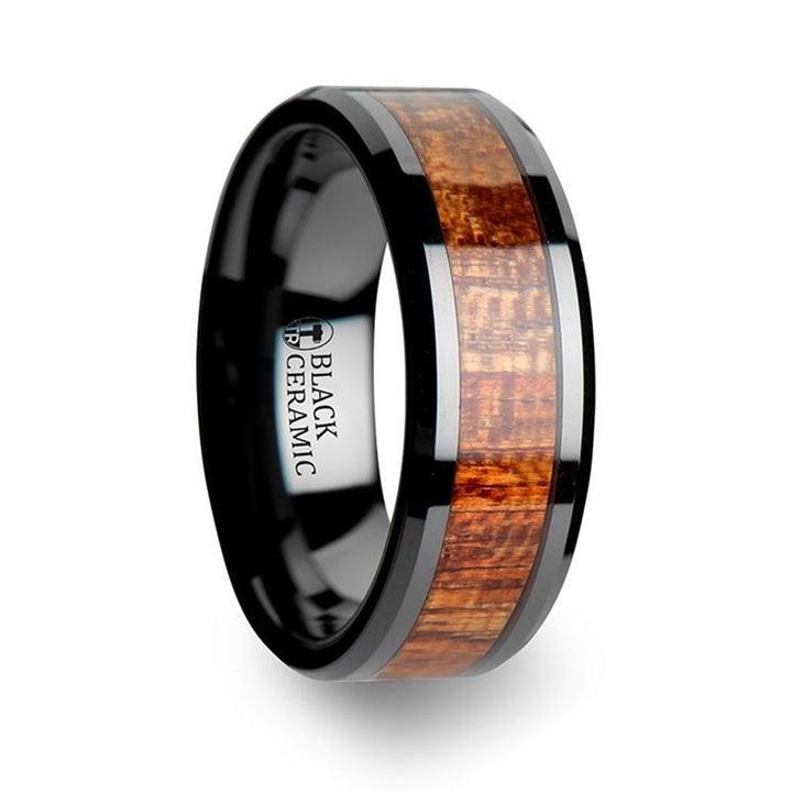 GABON | Black Ceramic Ring, Exotic Mahogany Wood Inlay, Beveled - Rings - Aydins Jewelry - 4