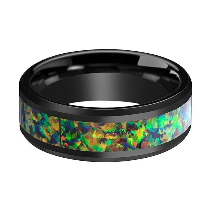 GALACTIC | Black Ceramic Ring, Blue & Orange Opal Inlay, Beveled - Rings - Aydins Jewelry
