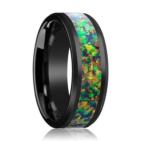 GALACTIC | Black Ceramic Ring, Blue & Orange Opal Inlay, Beveled - Rings - Aydins Jewelry - 1
