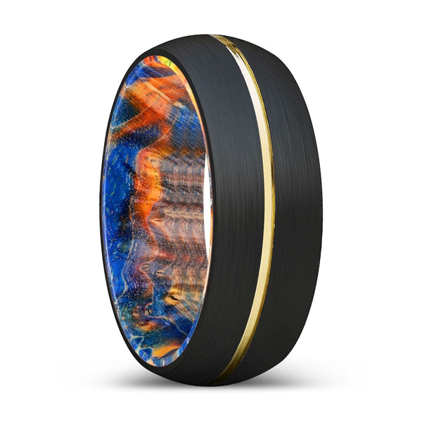 GALACTIC | Blue & Yellow/Orange Wood, Black Tungsten Ring, Gold Groove, Domed