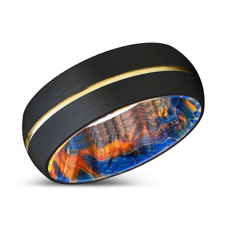 GALACTIC | Blue & Yellow/Orange Wood, Black Tungsten Ring, Gold Groove, Domed - Rings - Aydins Jewelry - 2