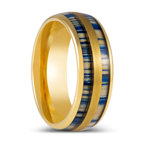 GALLOWAY | Yellow Gold Tungsten Ring Blue Dyed Bamboo Inlay - Rings - Aydins Jewelry - 1