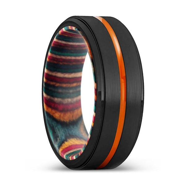 GARLAND | Multi Color Wood, Black Tungsten Ring, Orange Groove, Stepped Edge