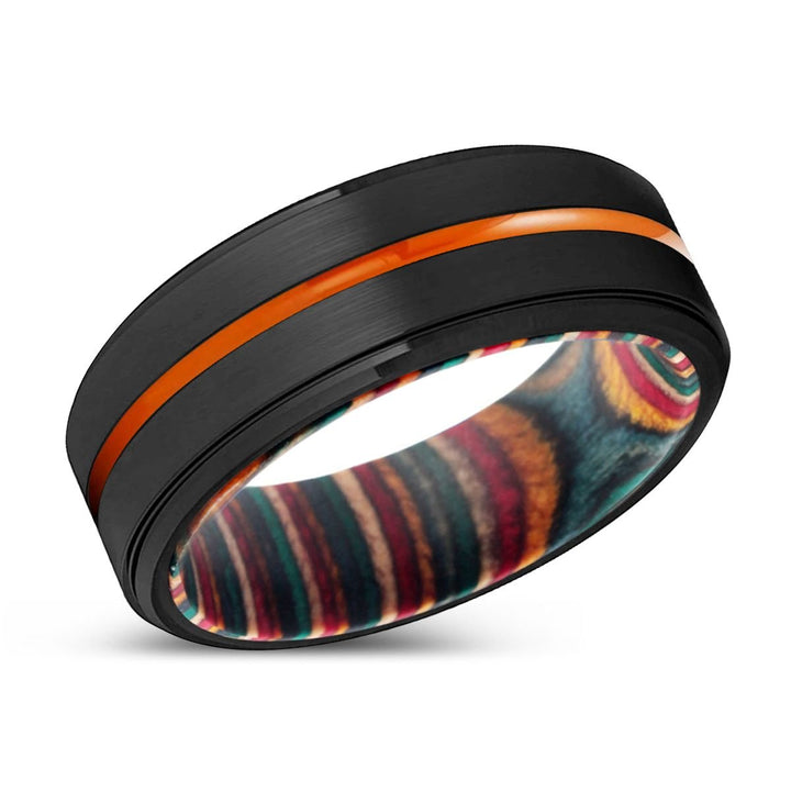GARLAND | Multi Color Wood, Black Tungsten Ring, Orange Groove, Stepped Edge - Rings - Aydins Jewelry - 2