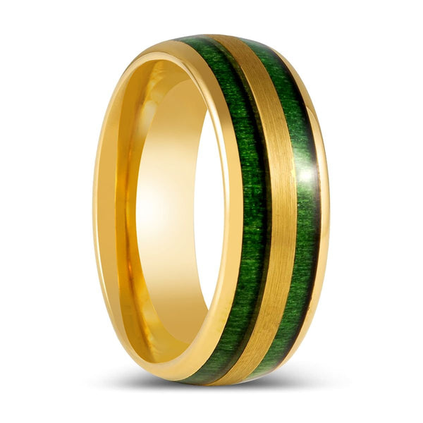 GARRISON | Gold Tungsten Ring, Green Jade Wood Inlay, Domed - Rings - Aydins Jewelry - 1