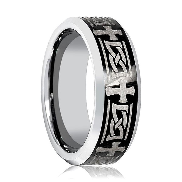 GARROS | Silver Tungsten Ring, Celtic Cross Design, Beveled - Rings - Aydins Jewelry