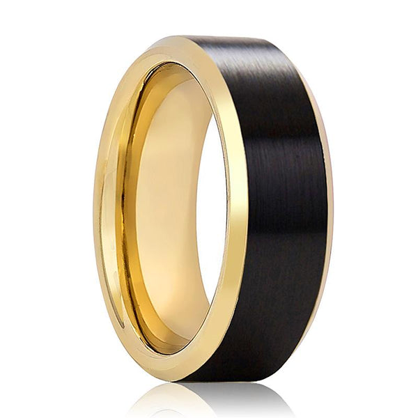 GASTON | Gold Tungsten Ring, Black Brushed, Gold Beveled Edges