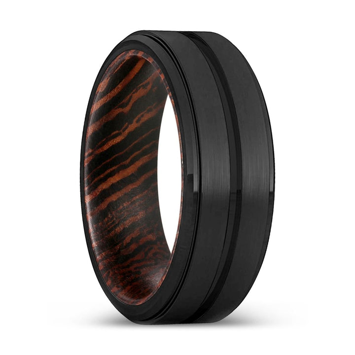 GATES | Wenge Wood, Black Tungsten Ring, Grooved, Stepped Edge - Rings - Aydins Jewelry