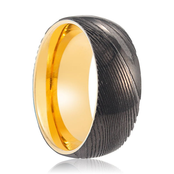 GATSBY | Gold Ring, Gunmetal Damascus Steel Ring, Domed - Rings - Aydins Jewelry