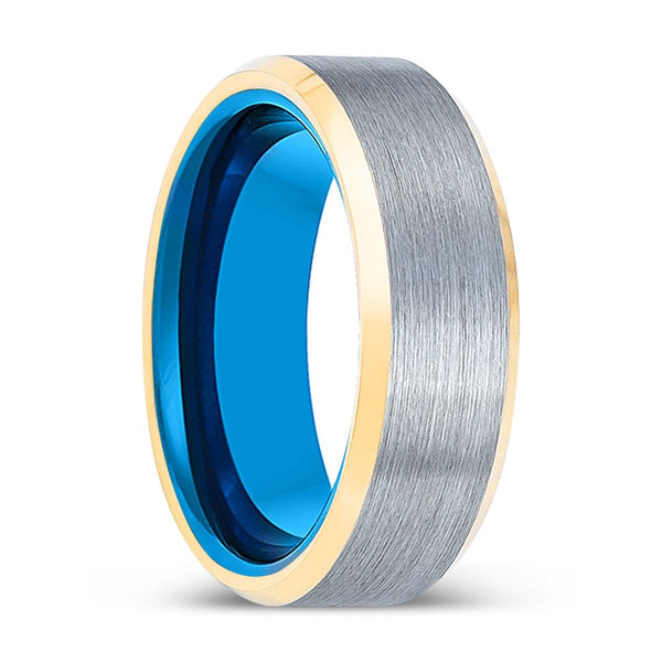 GENESIS | Blue Tungsten Ring, Brushed, Silver Tungsten Ring, Gold Beveled Edges