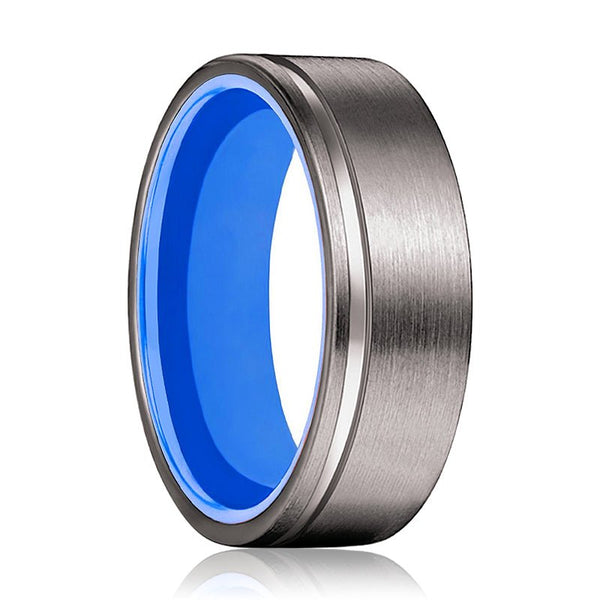 GENIE | Blue Ring, Gunmetal Tungsten Offset Groove - Rings - Aydins Jewelry - 1