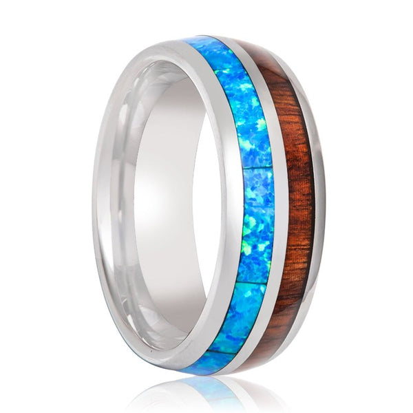 GENIE | Silver Tungsten Ring, Koa Wood & Blue Opal Inlay, Domed - Rings - Aydins Jewelry - 1