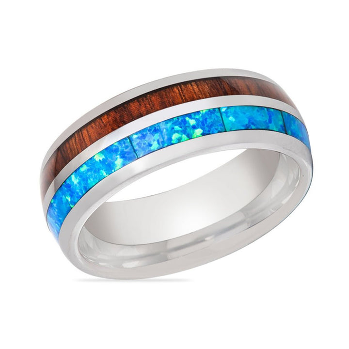 GENIE | Silver Tungsten Ring, Koa Wood & Blue Opal Inlay, Domed - Rings - Aydins Jewelry - 2