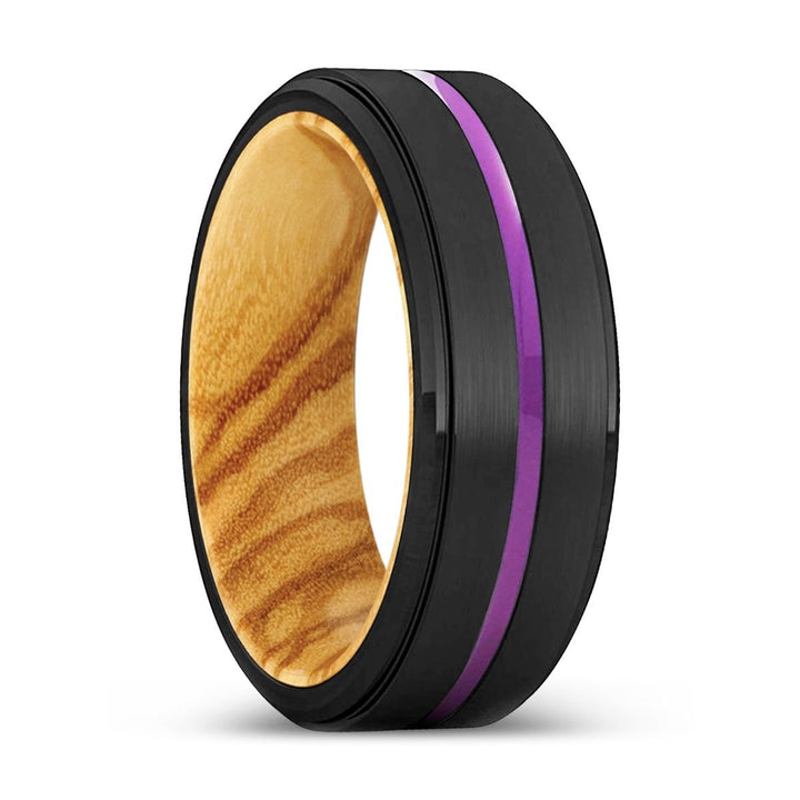 GERALDTON | Olive Wood, Black Tungsten Ring, Purple Groove, Stepped Edge - Rings - Aydins Jewelry - 1