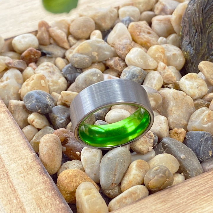 GIANT | Green Ring, Silver Tungsten Ring, Brushed, Flat - Rings - Aydins Jewelry - 6