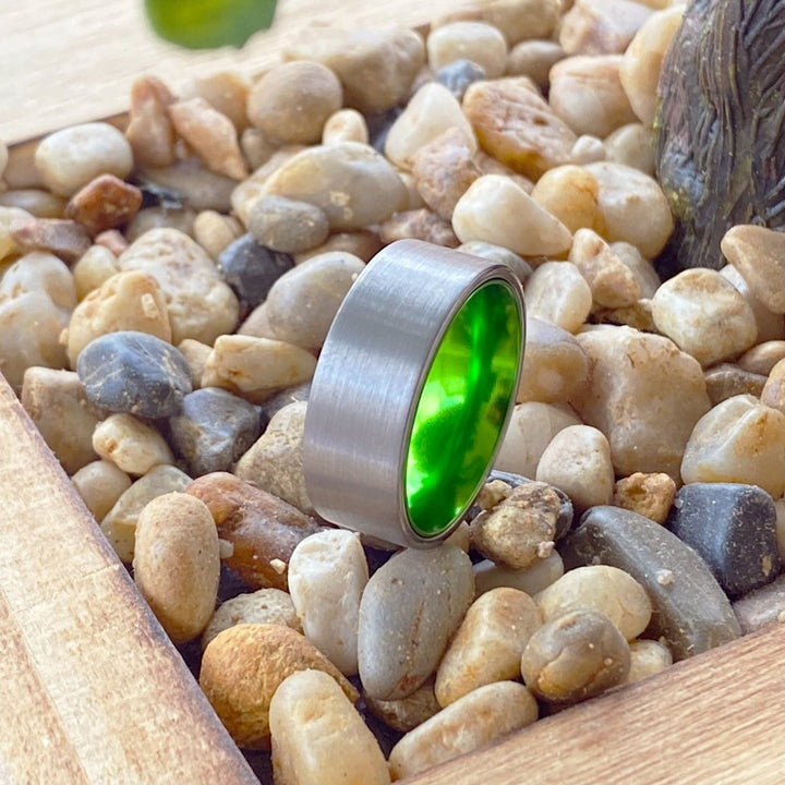 GIANT | Green Ring, Silver Tungsten Ring, Brushed, Flat - Rings - Aydins Jewelry - 5