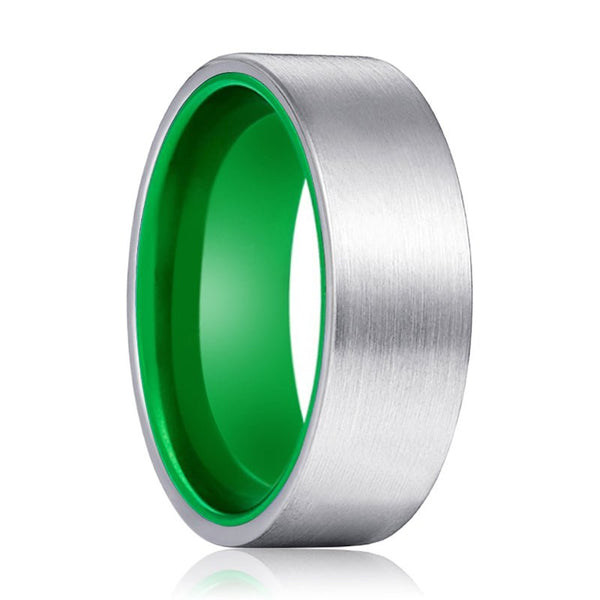 GIANT | Green Ring, Silver Tungsten Ring, Brushed, Flat