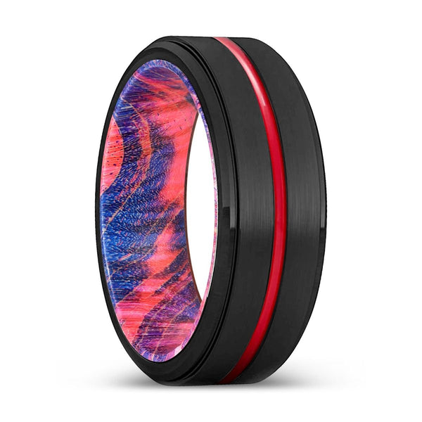 GILLY | Blue & Red Wood, Black Tungsten Ring, Red Groove, Stepped Edge - Rings - Aydins Jewelry - 1