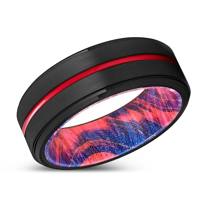 GILLY | Blue & Red Wood, Black Tungsten Ring, Red Groove, Stepped Edge - Rings - Aydins Jewelry - 2