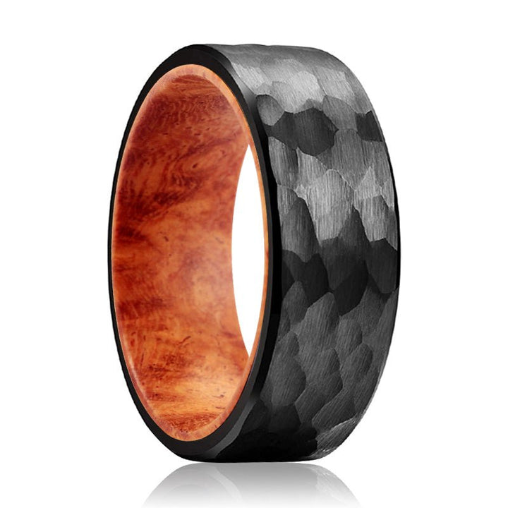 GILROY | Red Burl Wood, Black Tungsten Ring, Hammered, Flat - Rings - Aydins Jewelry - 1