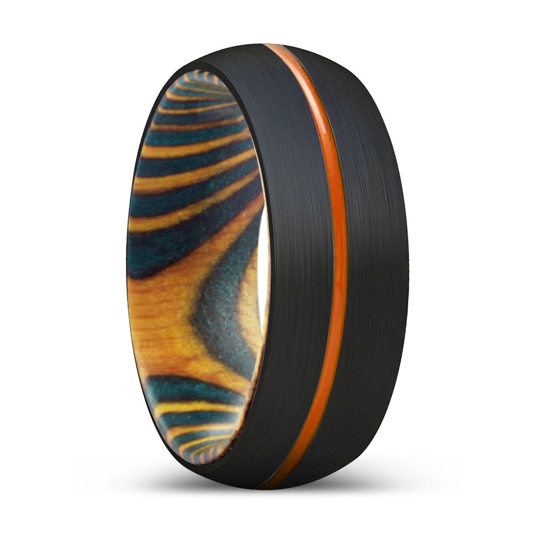 GINKO | Green & Yellow Wood, Black Tungsten Ring, Orange Groove, Domed - Rings - Aydins Jewelry - 1