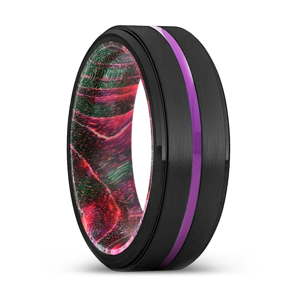 GLADSTON | Green & Red Wood, Black Tungsten Ring, Purple Groove, Stepped Edge - Rings - Aydins Jewelry - 1