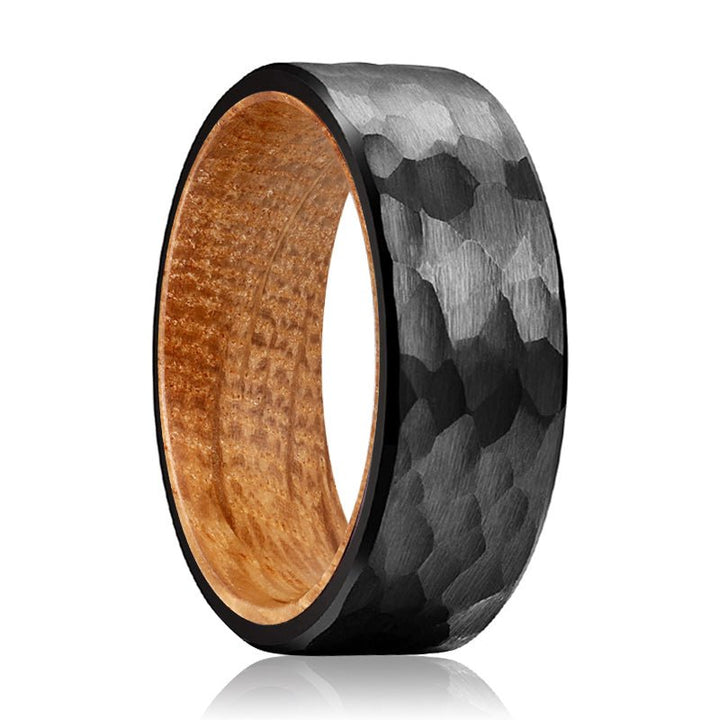 GLAMIS | Whiskey Barrel Wood, Black Tungsten Ring, Hammered, Flat - Rings - Aydins Jewelry