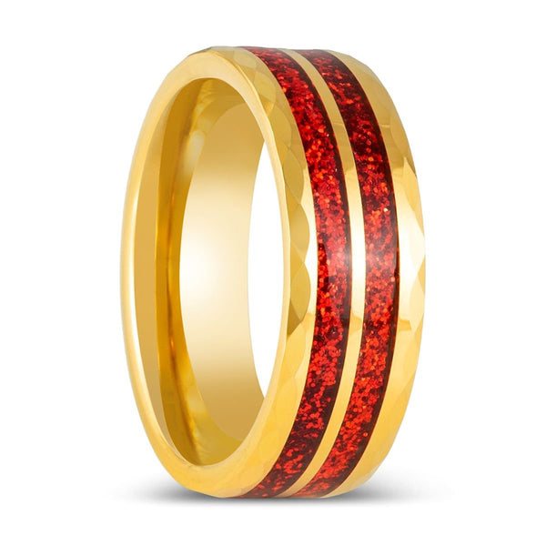 GLEAMFIRE | Yellow Gold Tungsten, Faceted Finish Red Glitter Inlay