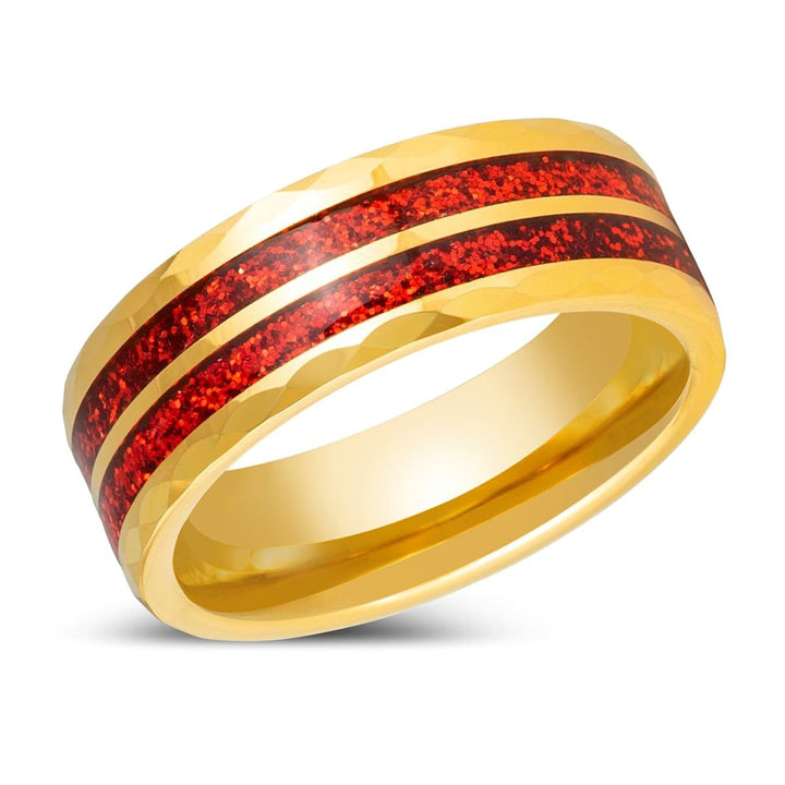 GLEAMFIRE | Yellow Gold Tungsten, Faceted Finish Red Glitter Inlay - Rings - Aydins Jewelry - 2