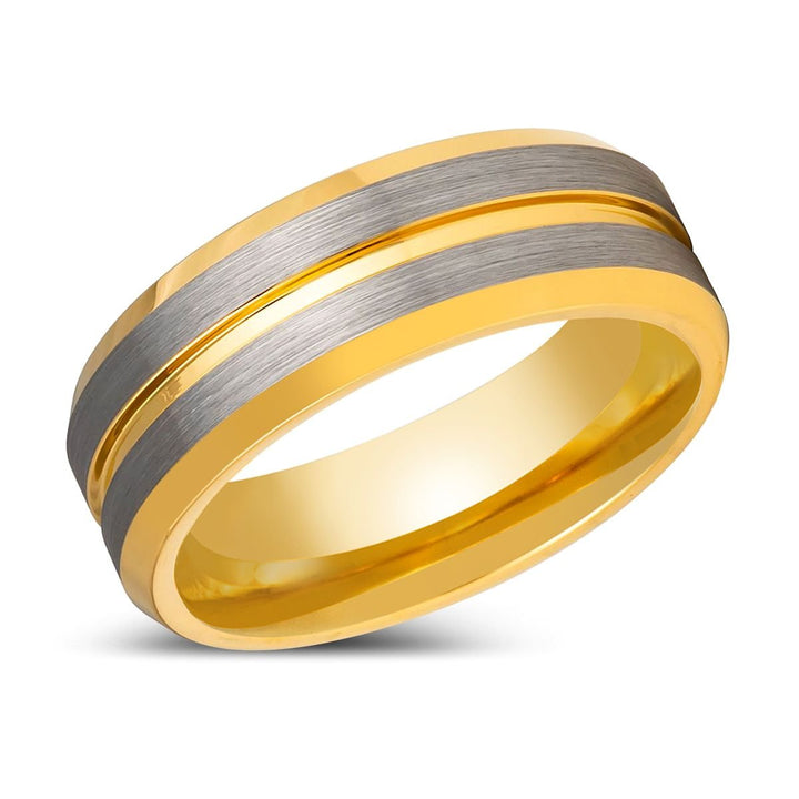 GLEAMLINE | Yellow Gold Tungsten Ring, Grooved Center Beveled Edge - Rings - Aydins Jewelry