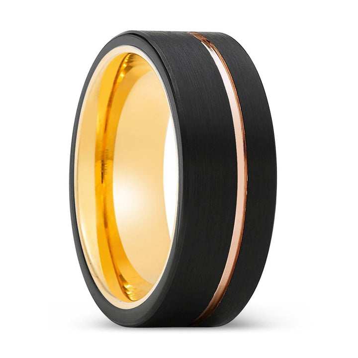 GLORIOUS | Gold Ring, Black Tungsten Ring, Rose Gold Offset Groove, Brushed, Flat - Rings - Aydins Jewelry - 1