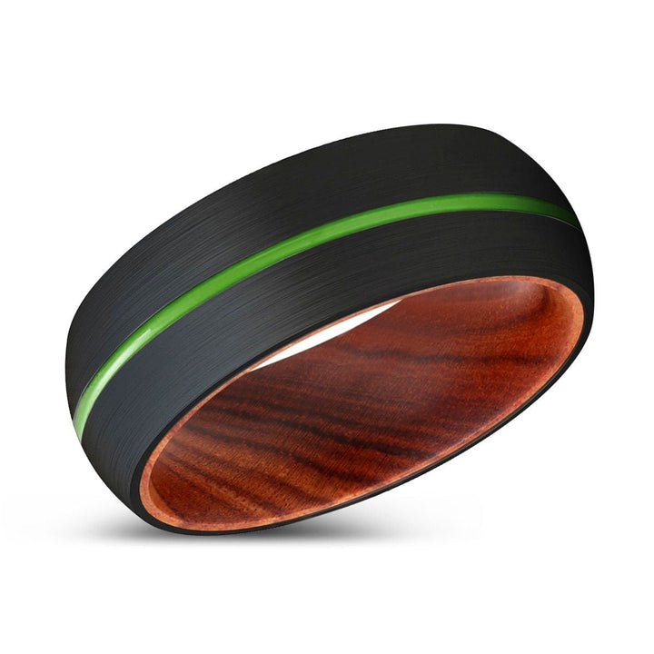 GOBLIN | IRON Wood, Black Tungsten Ring, Green Groove, Domed - Rings - Aydins Jewelry - 2