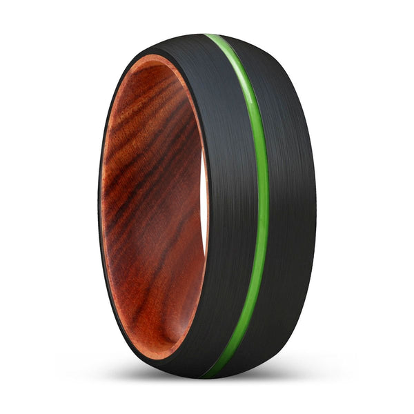 GOBLIN | IRON Wood, Black Tungsten Ring, Green Groove, Domed - Rings - Aydins Jewelry - 1