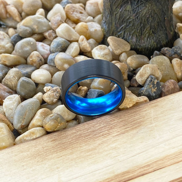 GONZO | Blue Ring, Black Flat Brushed Tungsten Ring - Rings - Aydins Jewelry - 5
