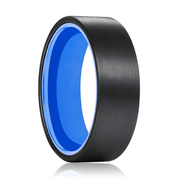 GONZO | Blue Ring, Black Flat Brushed Tungsten Ring - Rings - Aydins Jewelry - 1