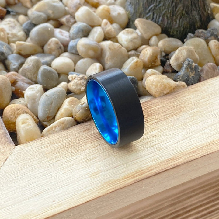 GONZO | Blue Ring, Black Flat Brushed Tungsten Ring - Rings - Aydins Jewelry - 6