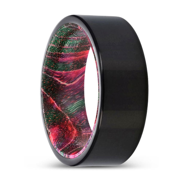GOOSEBERRY | Green & Red Wood, Black Tungsten Ring, Shiny, Flat - Rings - Aydins Jewelry - 1