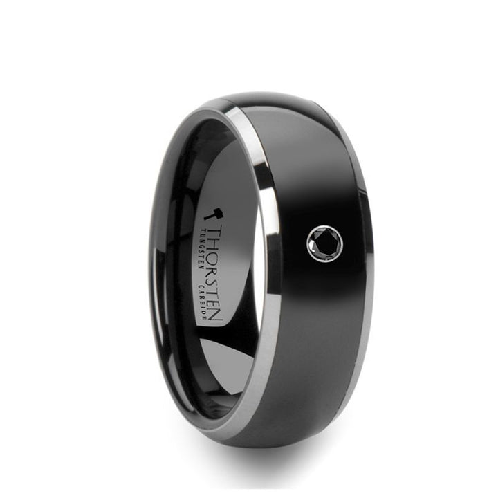 GOTHAM Domed Black Ceramic Comfort Fit Wedding Band with Polished Tungsten Edges and Black Diamond Setting - 8mm - Rings - Aydins Jewelry - 1
