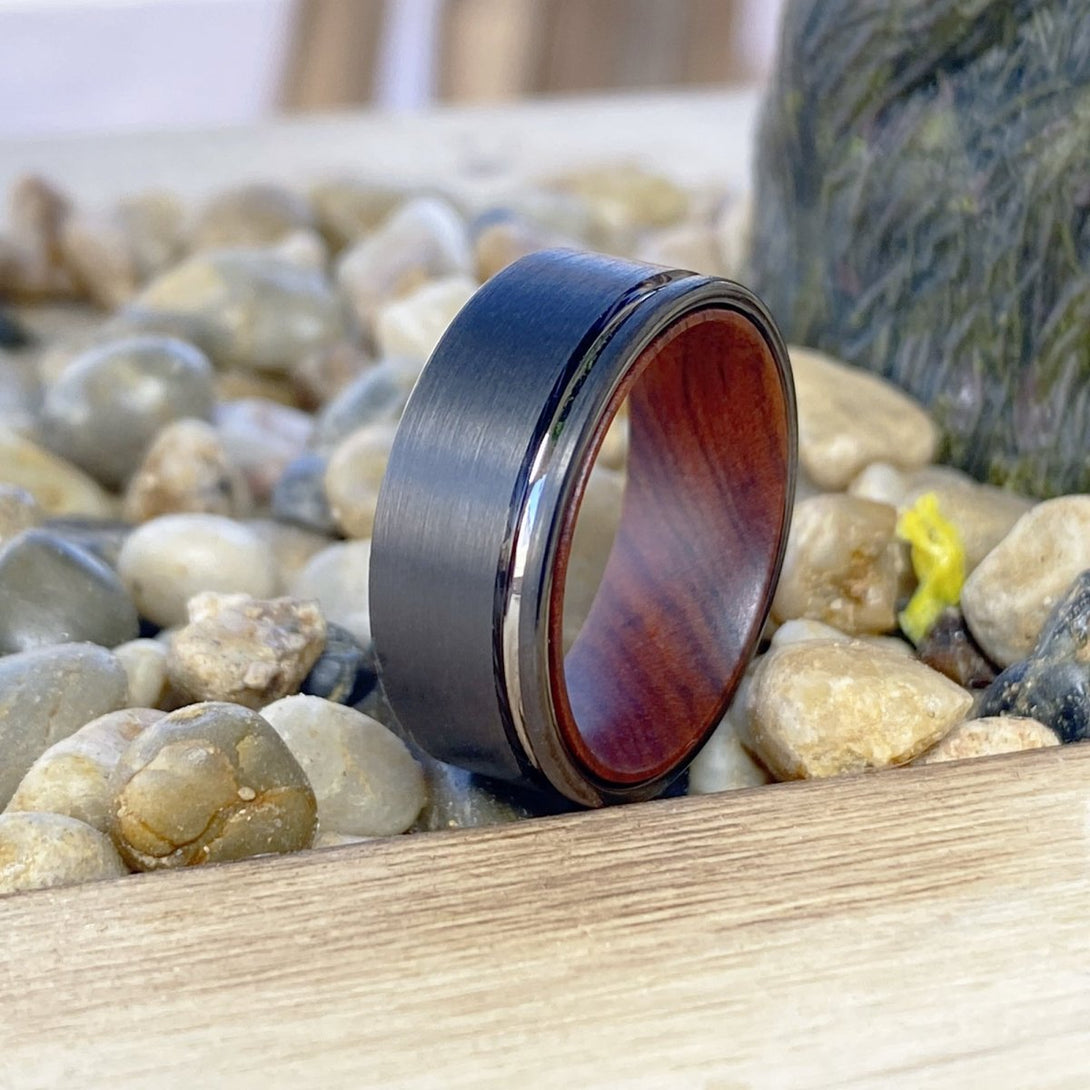 GRAIN | Iron Wood, Gunmetal Tungsten Offset Groove - Rings - Aydins Jewelry - 5