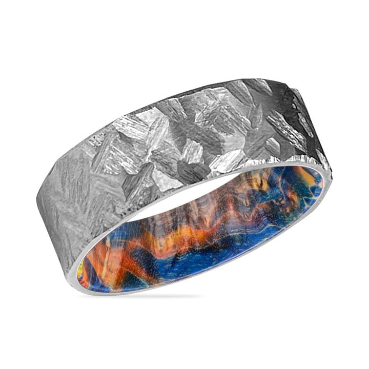 GRANTHAM | Blue & Yellow/Orange Wood, Silver Titanium Ring, Hammered, Flat - Rings - Aydins Jewelry - 2
