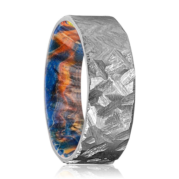 GRANTHAM | Blue & Yellow/Orange Wood, Silver Titanium Ring, Hammered, Flat - Rings - Aydins Jewelry - 1