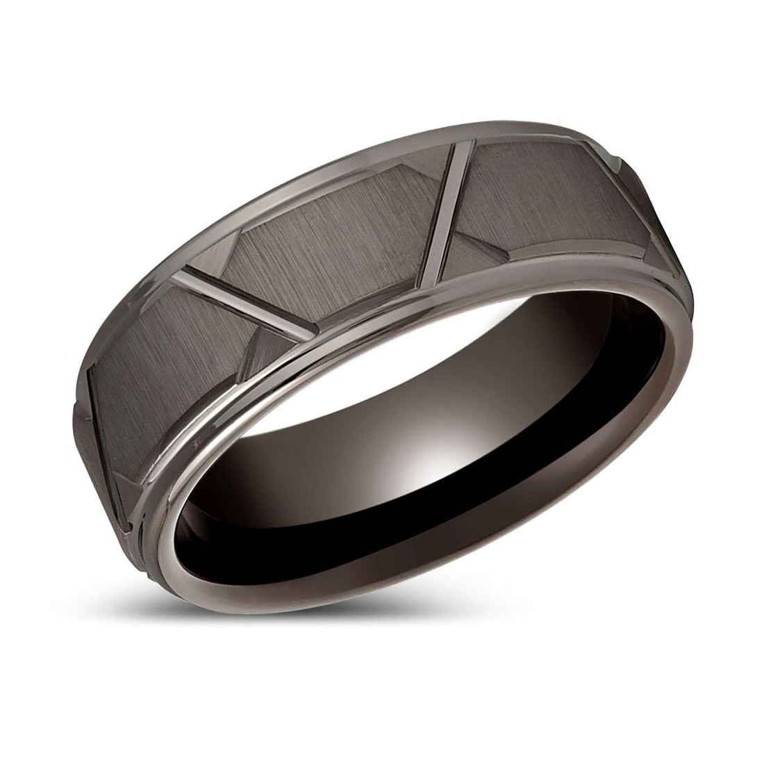 The GRAPHIZOID Gun Metal Tungsten Ring displayed with its distinctive geometric trapezoid design.