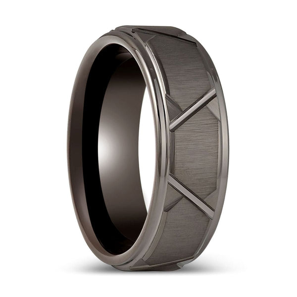 GRAPHIZOID | Gun Metal Tungsten Ring, Trapezoids Design, Stepped Edge
