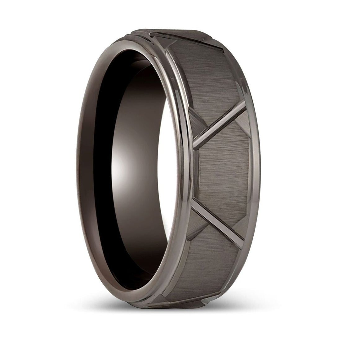 GRAPHIZOID Gun Metal Tungsten Ring featuring a bold trapezoid design and stepped edge.