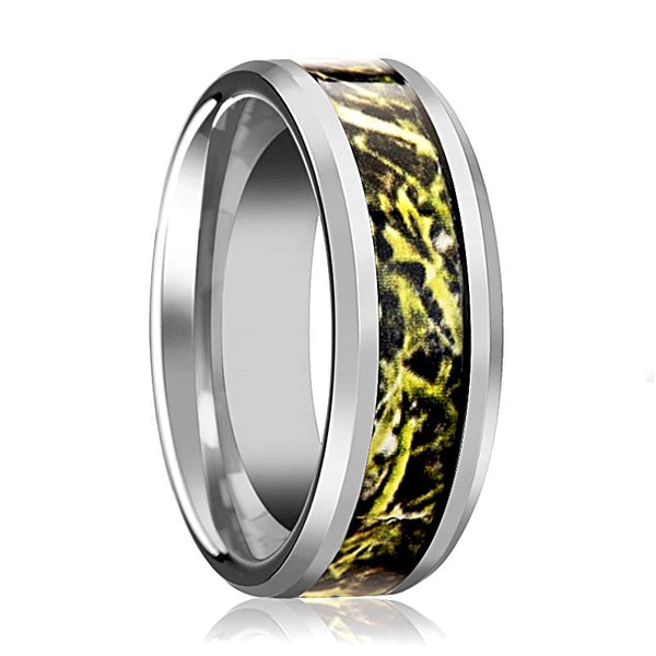 Green Marsh Camoflage inlaid Men's Tungsten Wedding Band with Bevels - 8MM