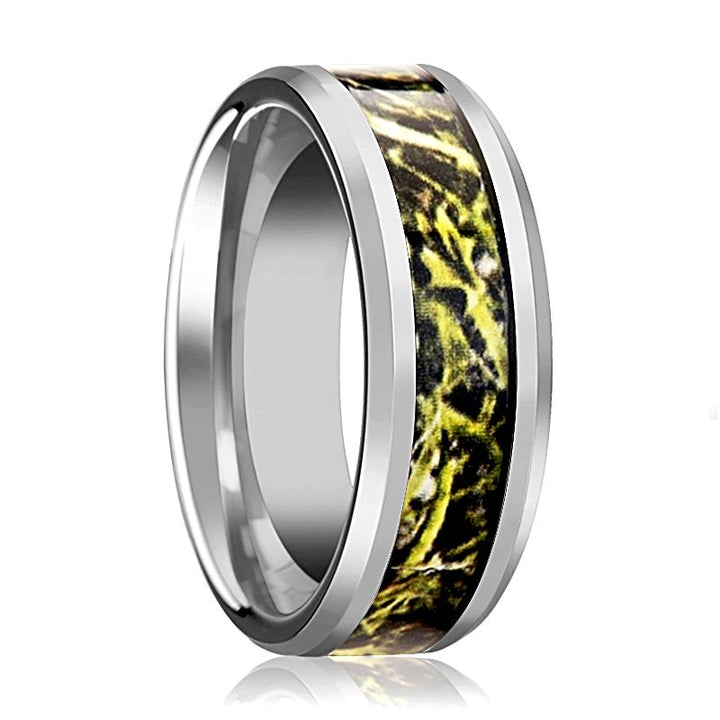 Green Marsh Camoflage inlaid Men's Tungsten Wedding Band with Bevels - 8MM - Rings - Aydins Jewelry - 1