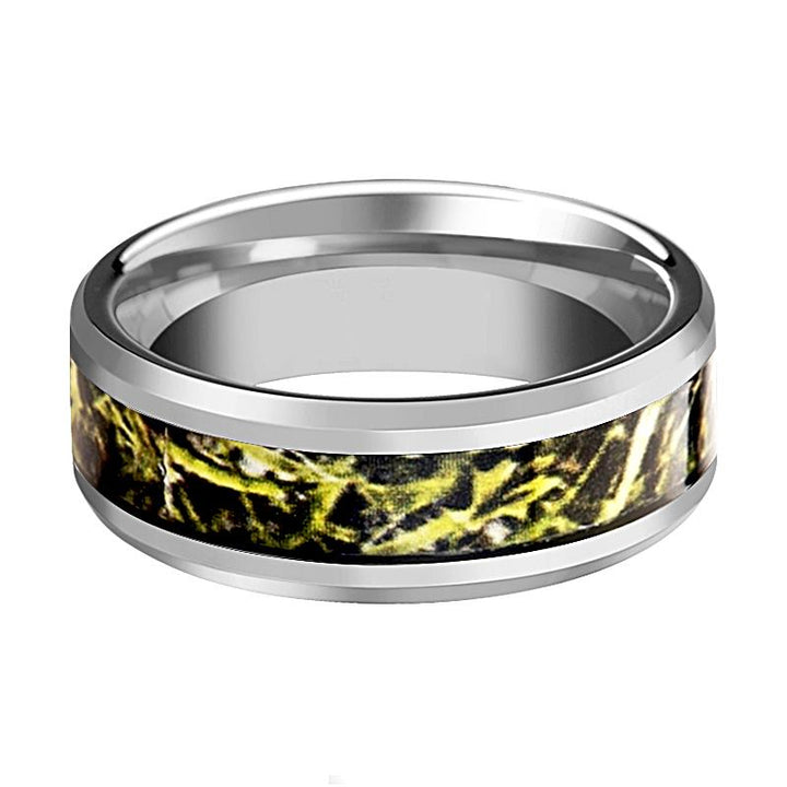 Green Marsh Camoflage inlaid Men's Tungsten Wedding Band with Bevels - 8MM - Rings - Aydins Jewelry - 2