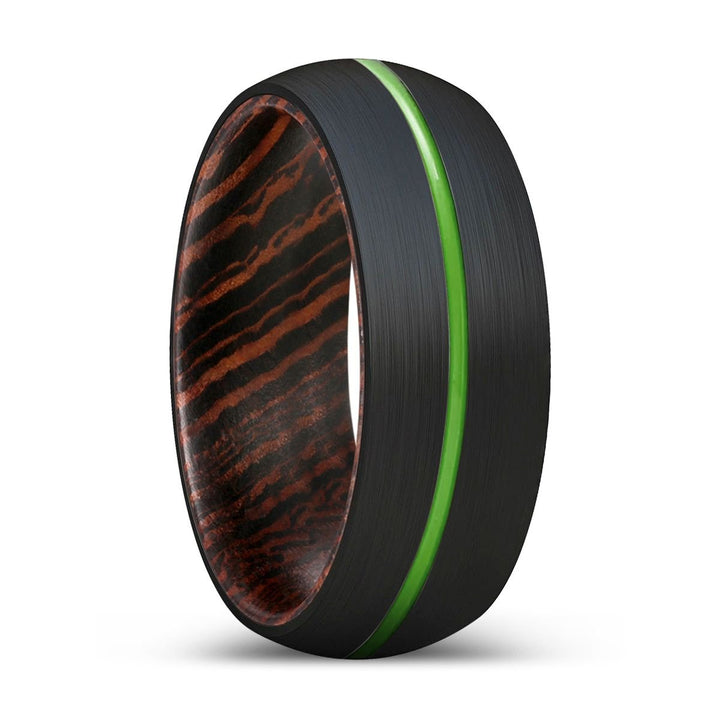 GRIFFIN | Wenge Wood, Black Tungsten Ring, Green Groove, Domed - Rings - Aydins Jewelry - 1