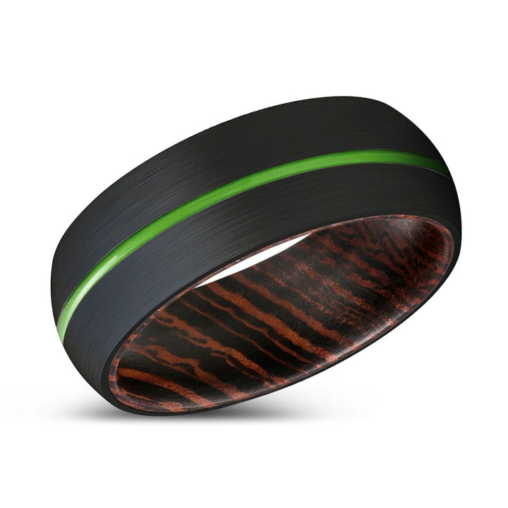 GRIFFIN | Wenge Wood, Black Tungsten Ring, Green Groove, Domed - Rings - Aydins Jewelry - 2