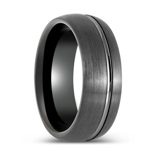 GRITEDGE | Black Tungsten Ring, Gun Metal with Domed Brushed Off-Center Groove - Rings - Aydins Jewelry